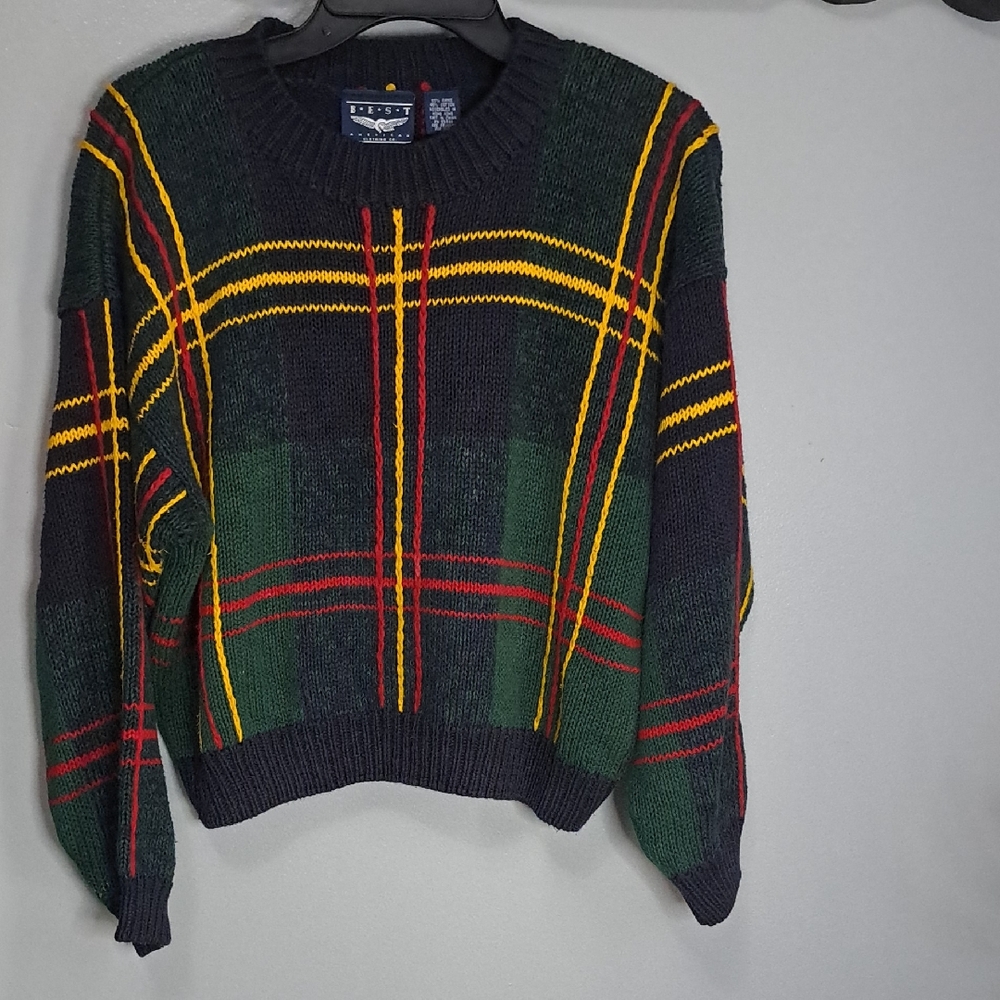 B.E.S.T American Colthing Women's Tartan Sweater - Green, Red, and Yellow Size M